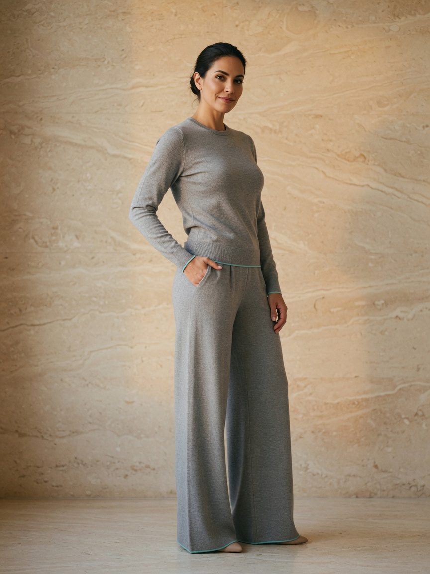 Set Doral: conjunto de punto fino gris jaspeado con ribete turquesa