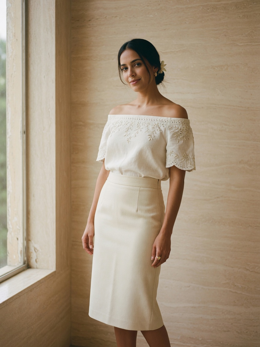 Top Bordado Caribe: top bardot off-white con bordado a mano en el escote