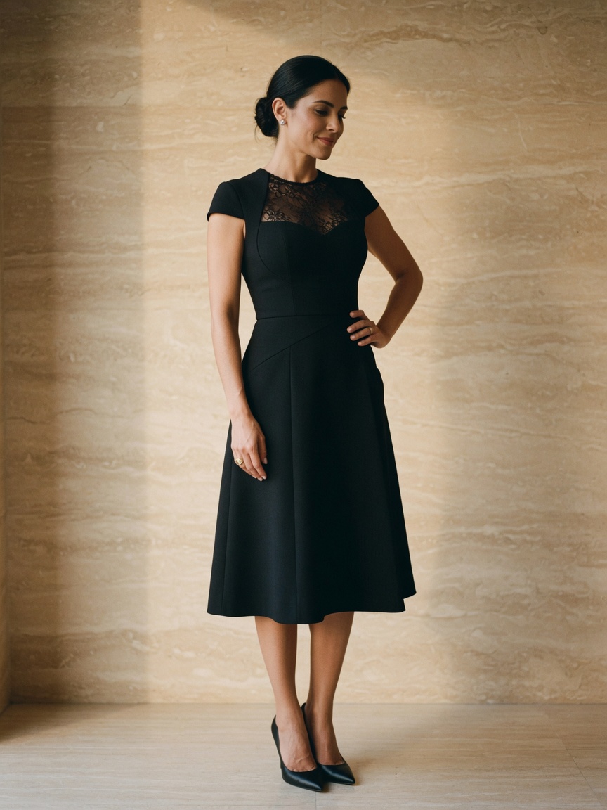 Vestido Cóctel Spadolini: cóctel negro arquitectónico con panel de encaje